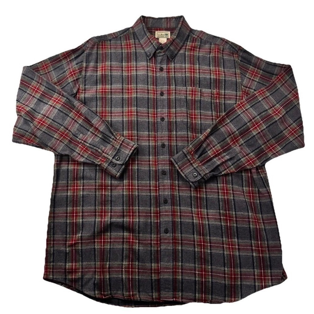 L.L.Bean‎ Flannel Shirt Men XL Tall Gray Red Plaid Button Down Cotton 228066